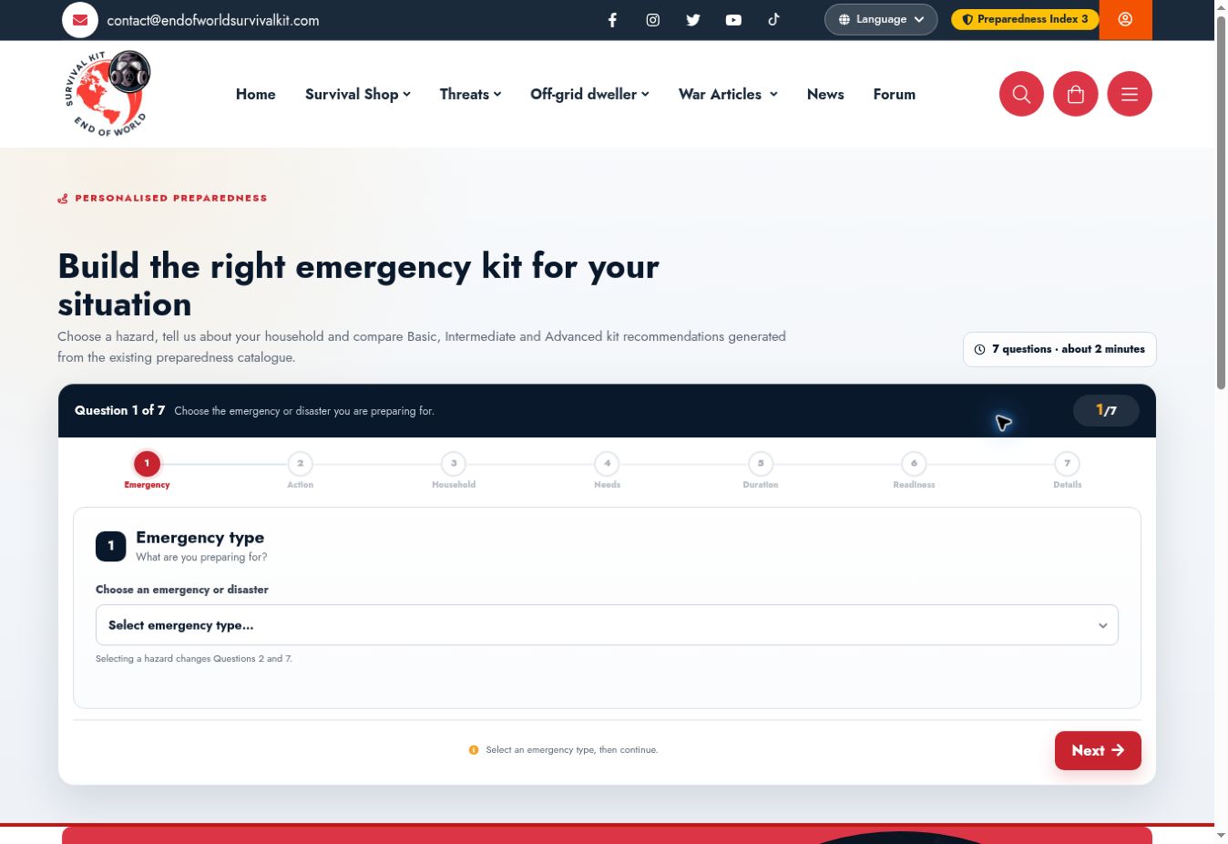 Screenshot of Personalised kit advisor