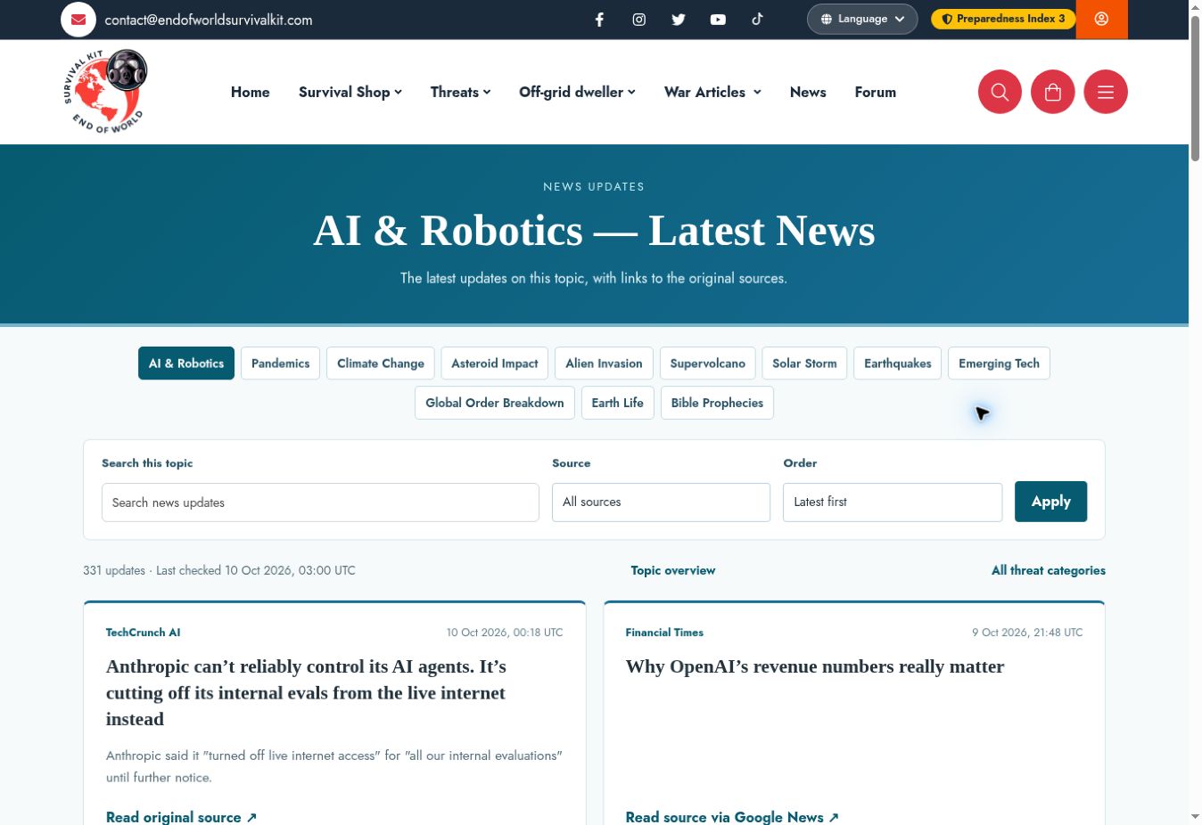 Screenshot of News by threat topic