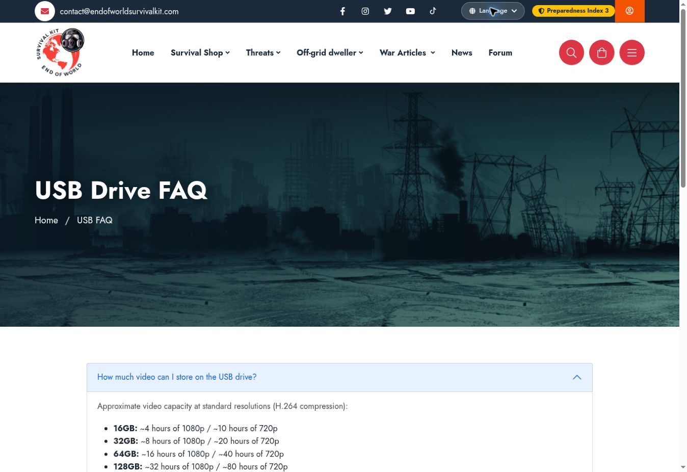 Screenshot of USB product FAQ
